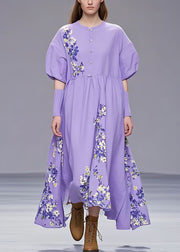 French Purple Button Print Cotton Long Dresses Summer