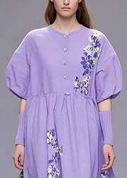 French Purple Button Print Cotton Long Dresses Summer