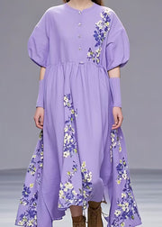 French Purple Button Print Cotton Long Dresses Summer