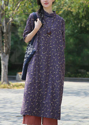 French Purple Button Print Patchwork Cotton Dress Summer