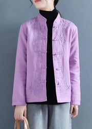 French Purple Embroidered Button Cotton Filled Coat Winter