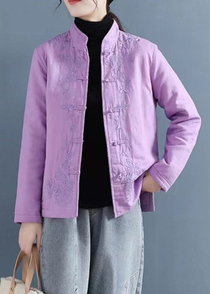 French Purple Embroidered Button Cotton Filled Coat Winter