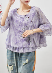 French Purple Embroidered Tie Dye Chiffon Shirts Flare Sleeve