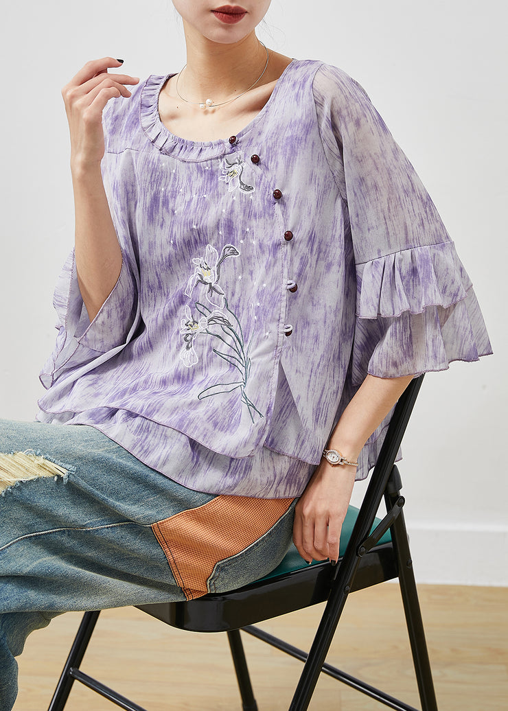 French Purple Embroidered Tie Dye Chiffon Shirts Flare Sleeve