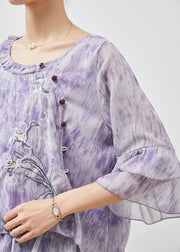 French Purple Embroidered Tie Dye Chiffon Shirts Flare Sleeve