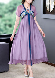 French Purple Embroideried Lace Up Wrinkled Patchwork Chiffon Dress Summer