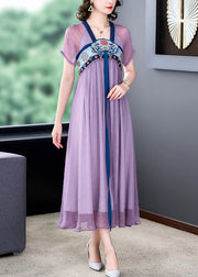 French Purple Embroideried Lace Up Wrinkled Patchwork Chiffon Dress Summer