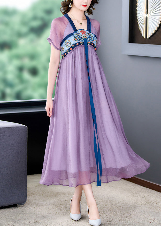 French Purple Embroideried Lace Up Wrinkled Patchwork Chiffon Dress Summer