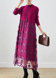 French Purple Embroidered Patchwork Knit Vacation Dresses Fall