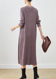 French Purple Grey Jacquard Knit Maxi Pleated Dresses Fall