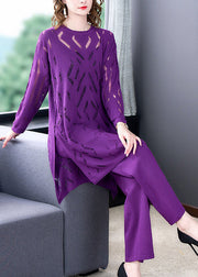 French Purple Hollow Out Side Open Knit Two Pieces Set Summer