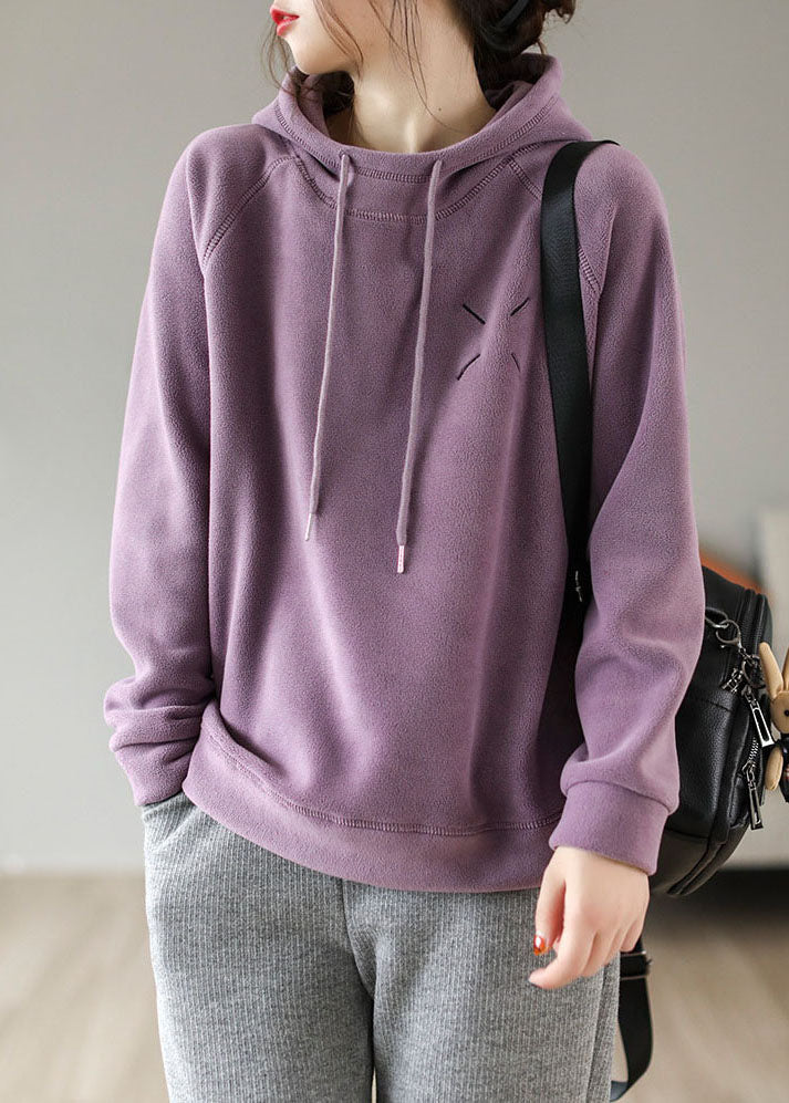 French Purple Hooded Embroideried Fleece Wool Lined Pullover Sweatshirt Spring