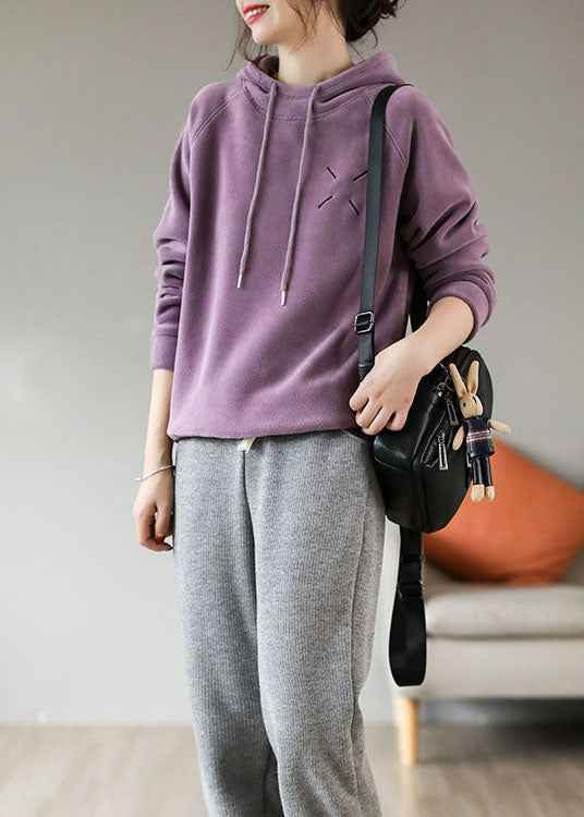 French Purple Hooded Embroideried Fleece Wool Lined Pullover Sweatshirt Spring