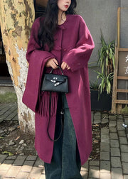 French Purple O Neck Oriental Button Woolen Coats Winter