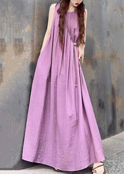 French Purple O Neck Wrinkled Patchwork Cotton Maxi Dresses Sleeveless