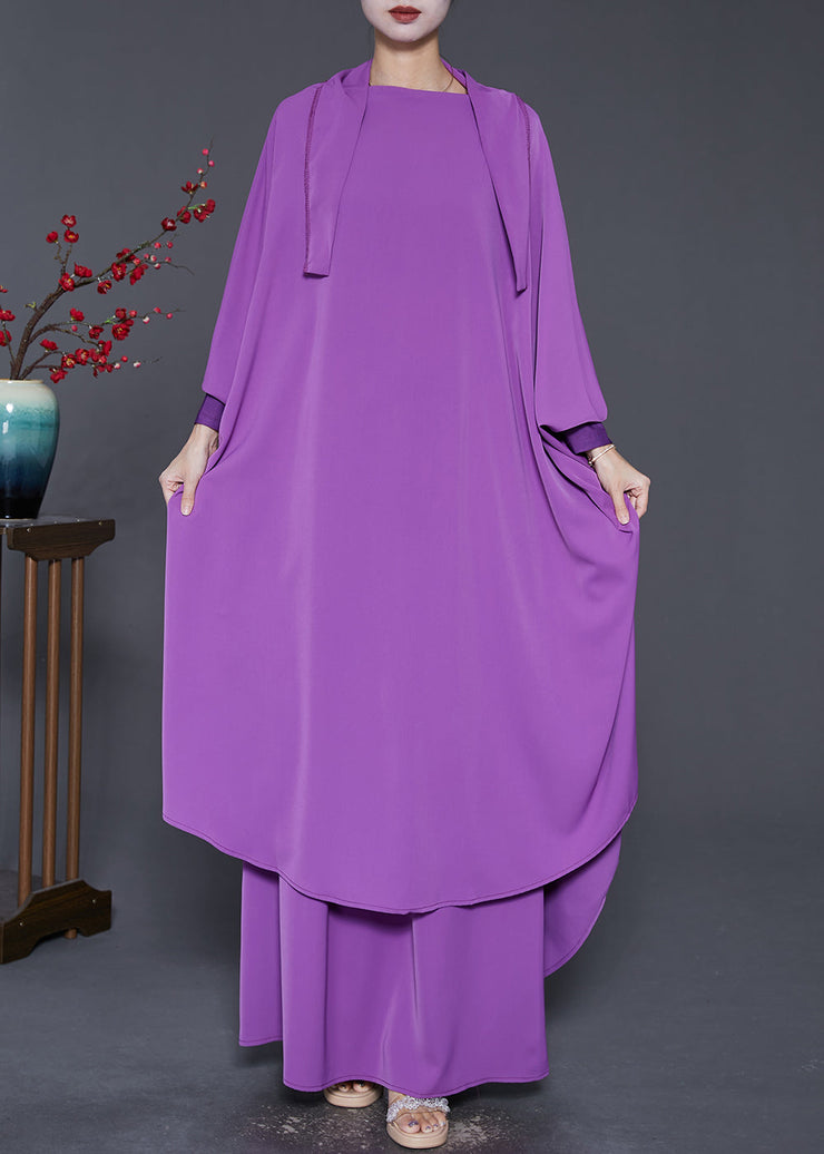 French Purple Oversized Draping Silk Two Piece Set Batwing Sleeve