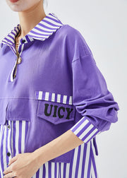 French Purple Oversized Patchwork Striped Cotton Sweatshirt Fall