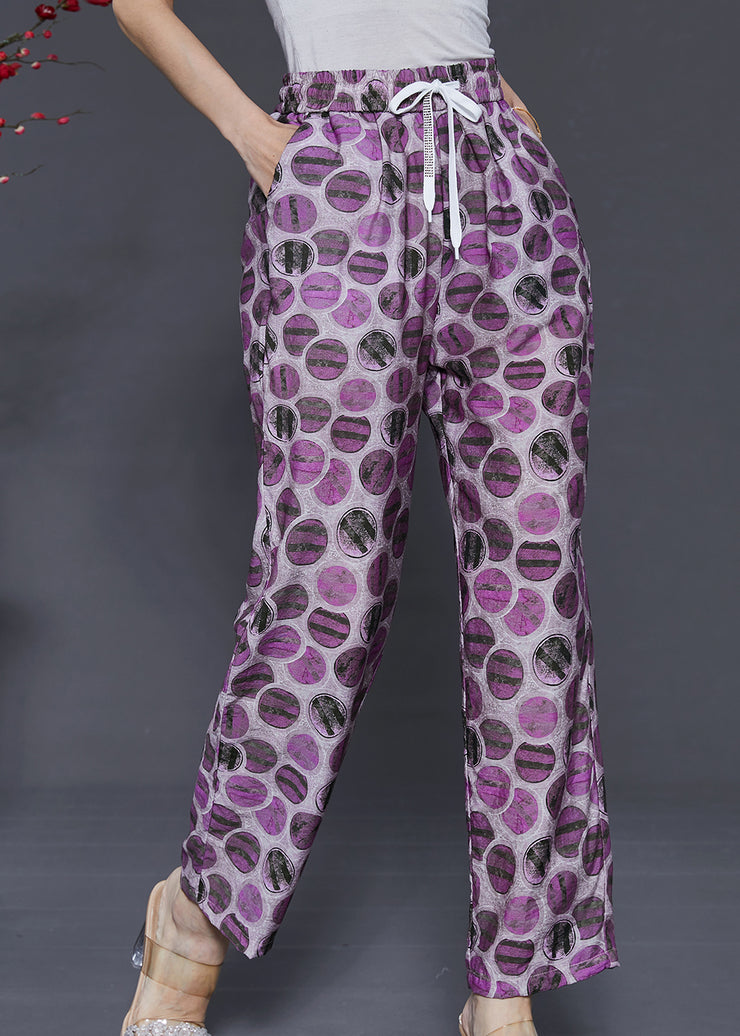 French Purple Oversized Print Linen Pants Summer