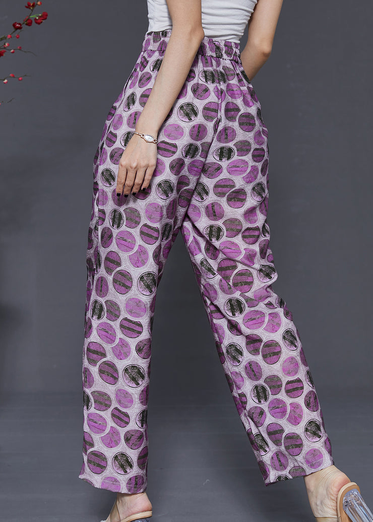 French Purple Oversized Print Linen Pants Summer