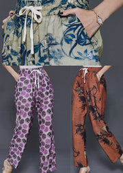 French Purple Oversized Print Linen Pants Summer