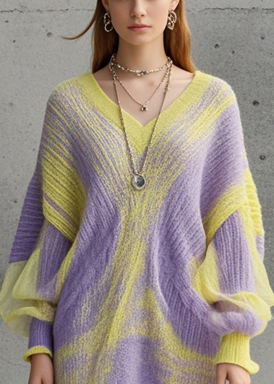 French Purple Oversized Tie Dye Long Sweater Batwing Sleeve