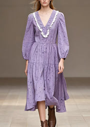 French Purple Patchwork Wrinkled Holiday Long Dress Long Sleeve