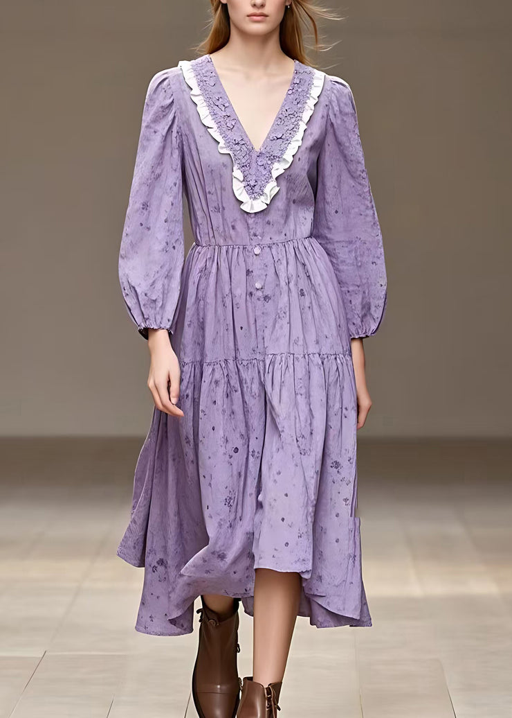 French Purple Patchwork Wrinkled Holiday Long Dress Long Sleeve