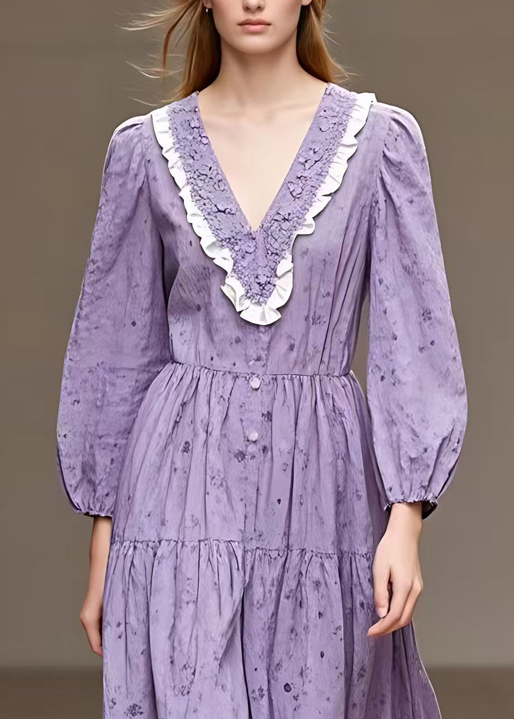 French Purple Patchwork Wrinkled Holiday Long Dress Long Sleeve