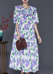 French Purple Peter Pan Collar Floral Cotton Maxi Dresses Summer