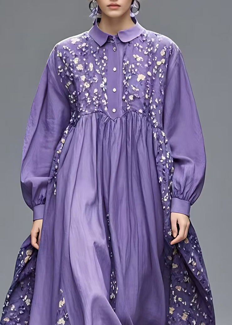 French Purple Peter Pan Collar Patchwork Long Dresses Long Sleeve