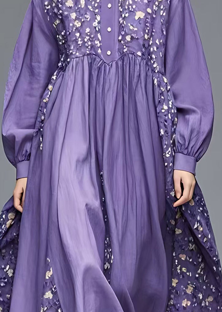 French Purple Peter Pan Collar Patchwork Long Dresses Long Sleeve