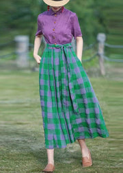 French Purple Plaid Lace Up Patchwork Cotton Long Dress Summer