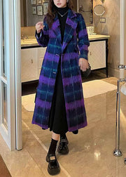 French Purple Plaid Notched Button Woolen Loose Coats Winter