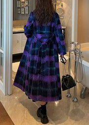 French Purple Plaid Notched Button Woolen Loose Coats Winter