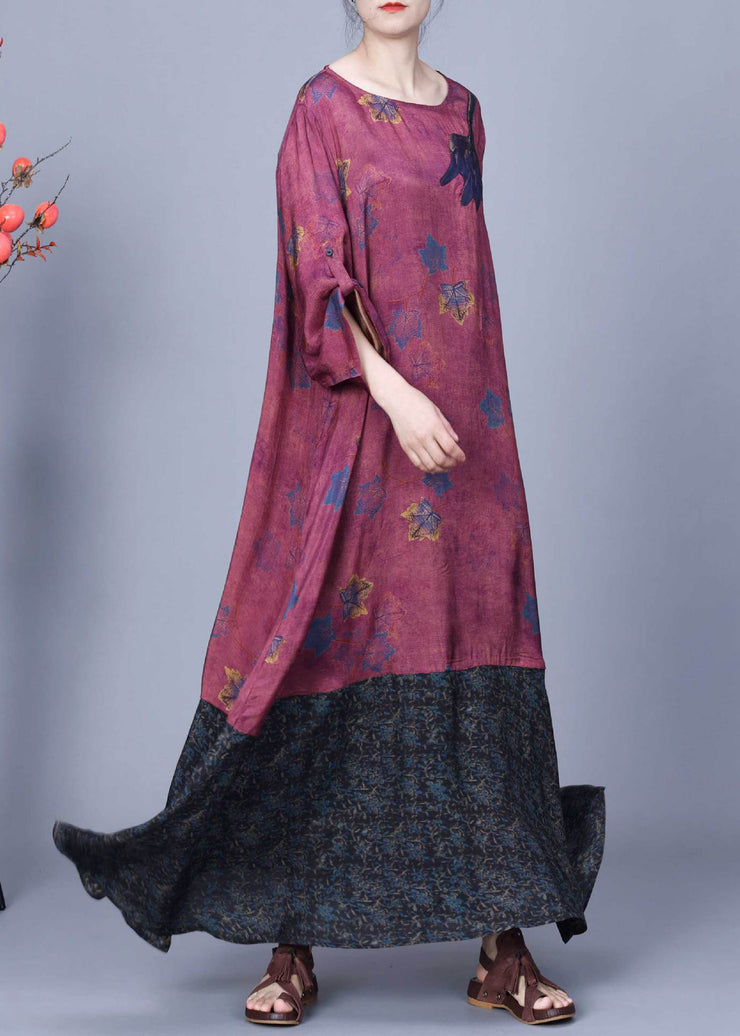 French Purple Red Print Pockets Patchwork Cotton Long Dresses Spring