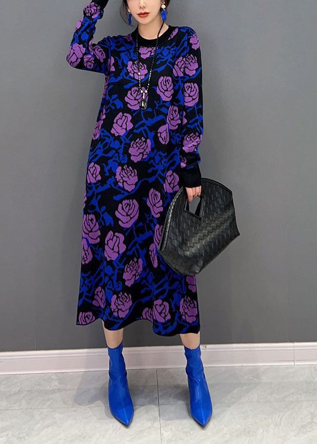 French Purple Rose Print Slim Fit Knit Long Dress Spring