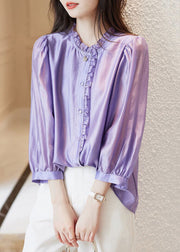 French Purple Ruffled Button Chiffon Shirts Long Sleeve