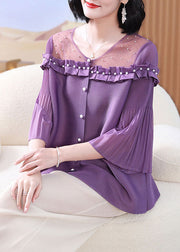 French Purple Ruffled Patchwork Nail Bead Tops Lantern Sleeve