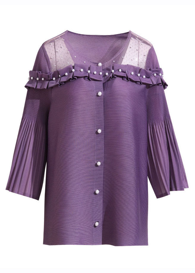 French Purple Ruffled Patchwork Nail Bead Tops Lantern Sleeve