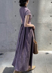 French Purple Stand Collar Pockets Linen Dress Summer