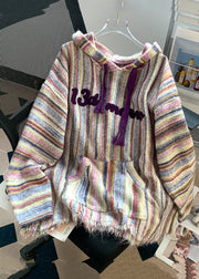 French Purple Striped Pockets Patchwork Cotton Knit Top Fall