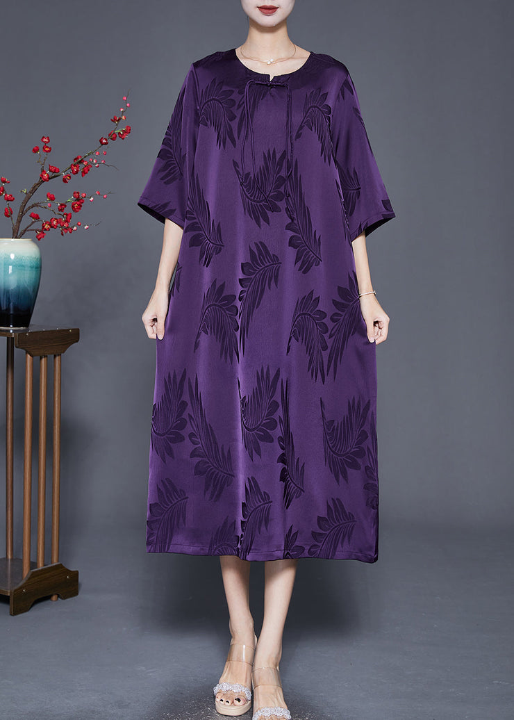 French Purple Tasseled Print Silk Maxi Dresses Summer