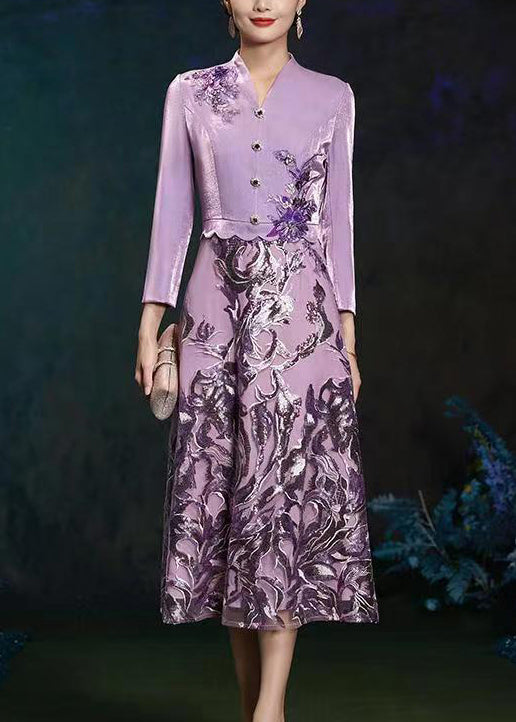 French Purple V Neck Embroidered Patchwork Silk Long Dresses Fall