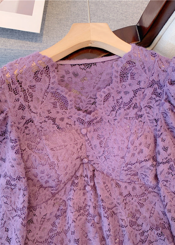 French Purple V Neck Hollow Out Lace Top Puff Sleeve