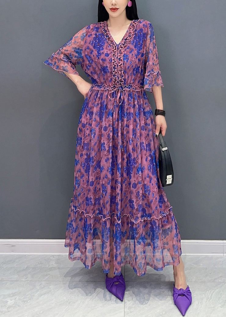 French Purple V Neck Print Elastic Waist Chiffon Long Dress Summer