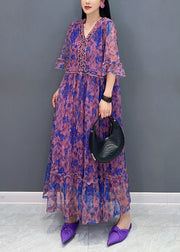 French Purple V Neck Print Elastic Waist Chiffon Long Dress Summer