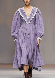 French Purple V Neck Print Patchwork Cotton Dresses Long Sleeve