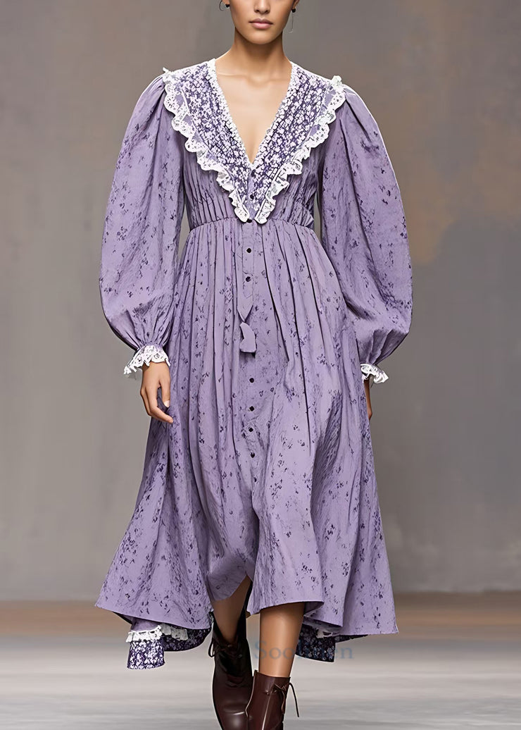 French Purple V Neck Print Patchwork Cotton Dresses Long Sleeve