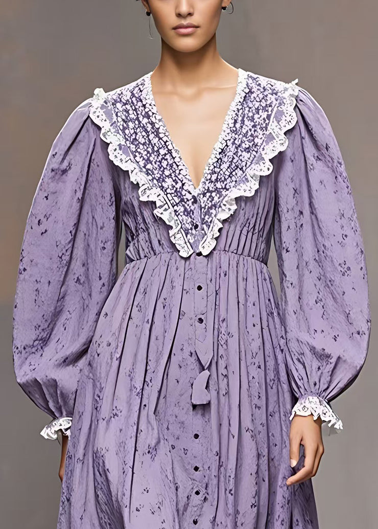 French Purple V Neck Print Patchwork Cotton Dresses Long Sleeve