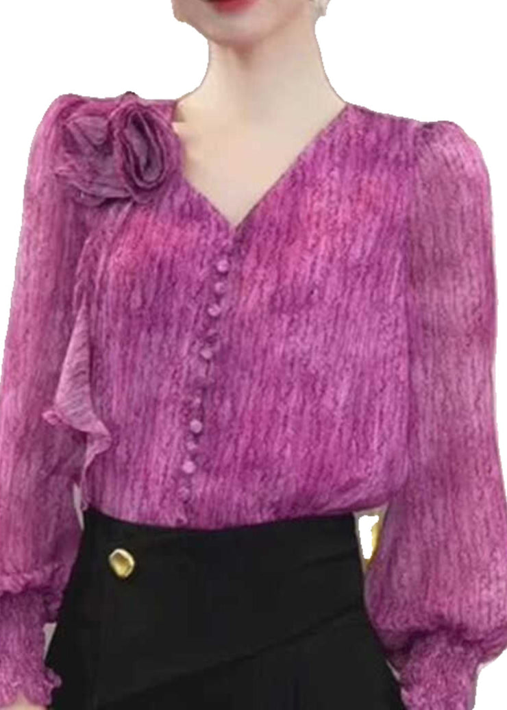 French Purple V Neck Ruffled Patchwork Silk Top Long Sleeve